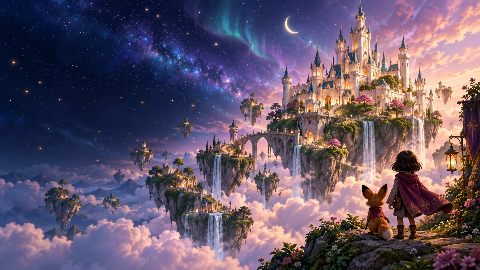 A glowing castle on a floating island above the clouds, with Anya and Eevee looking on.